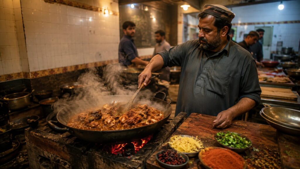 Chef cooking dumba karahi in a large black iron pan over an open charcoal flame inside a traditional Pakistani restaurant kitchen, with bubbling red gravy, rising steam, fresh spices, and warm golden lighting.