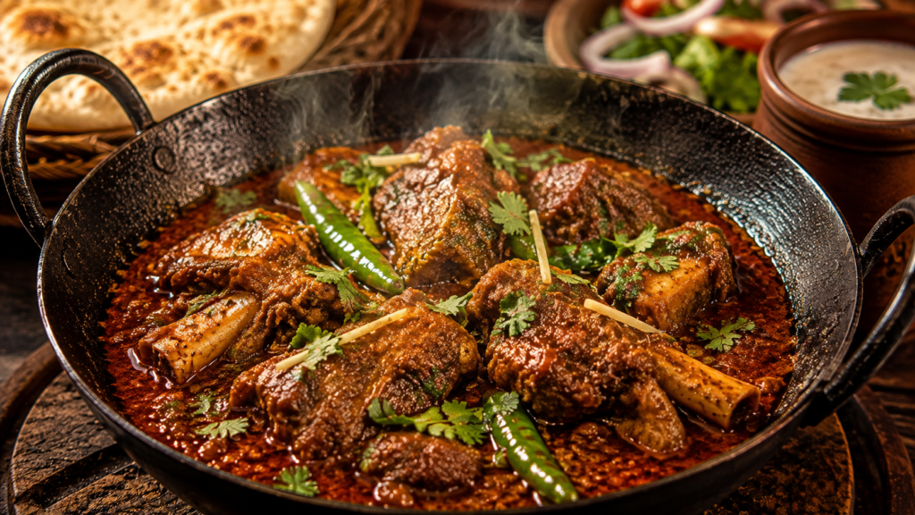 Close-up of freshly cooked Dumba Karahi in a black iron karahi pan with rich red gravy, tender meat, fresh coriander, green chilies, and steam rising.