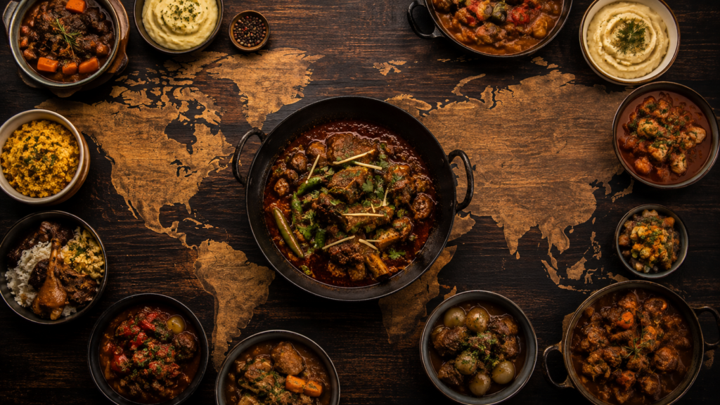 Overhead flat-lay of Dumba Karahi in a black iron pan at the center of a wooden world map, surrounded by diverse slow-cooked dishes representing global cuisine.
