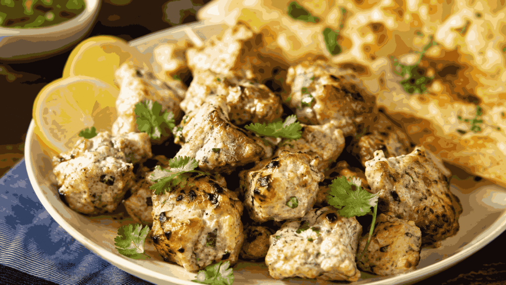 Malai boti - creamy tender marinated tikka served with naan at Ilyas Dumba Karahi Lahore